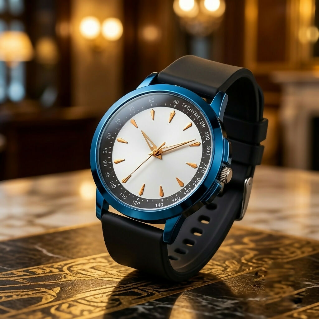 A blue-cased watch with a white face, gold hands, and a black strap sits on an ornate, dark gold surface.