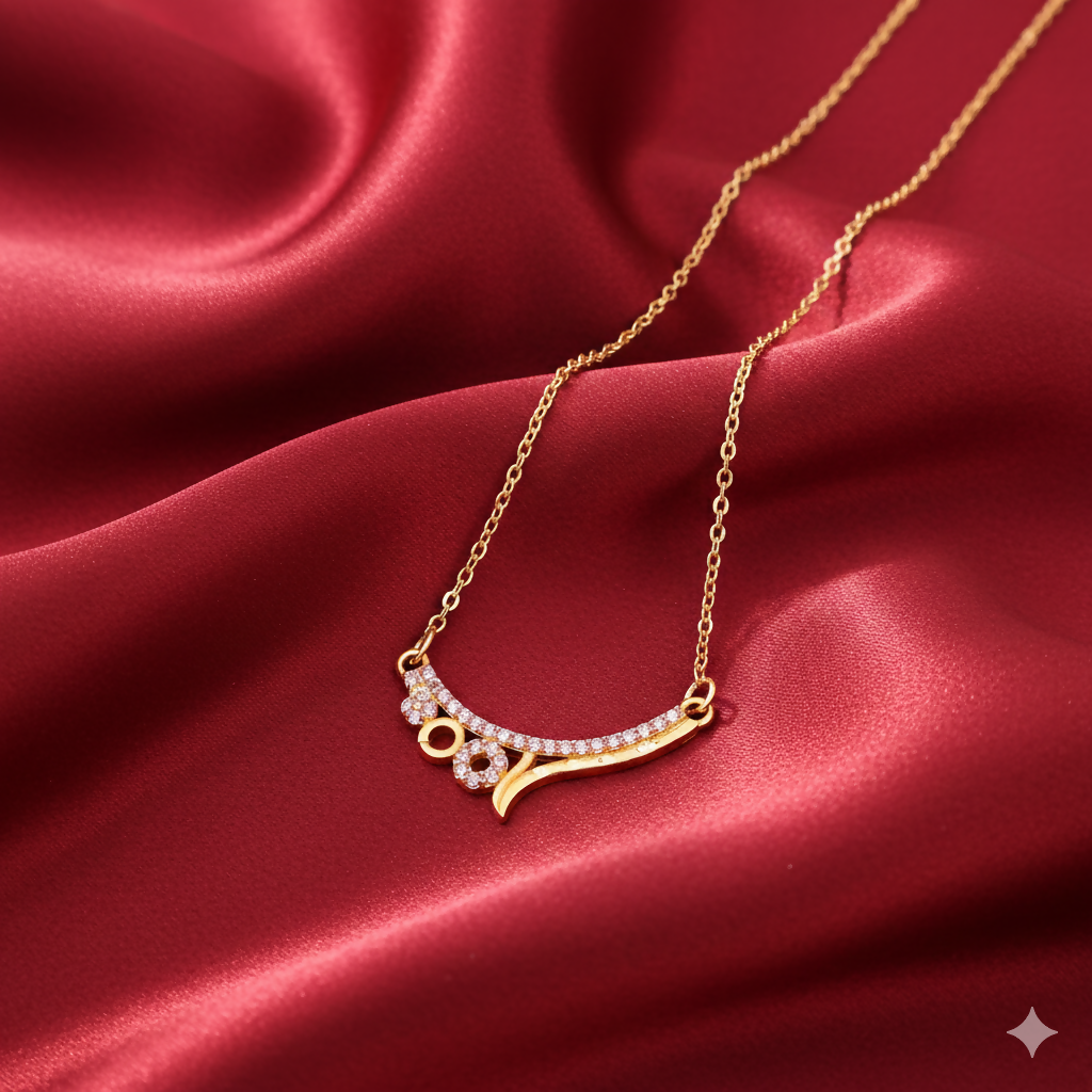 Gold Plated Pink Stone Curved Pendant Necklace Chain For women and girls