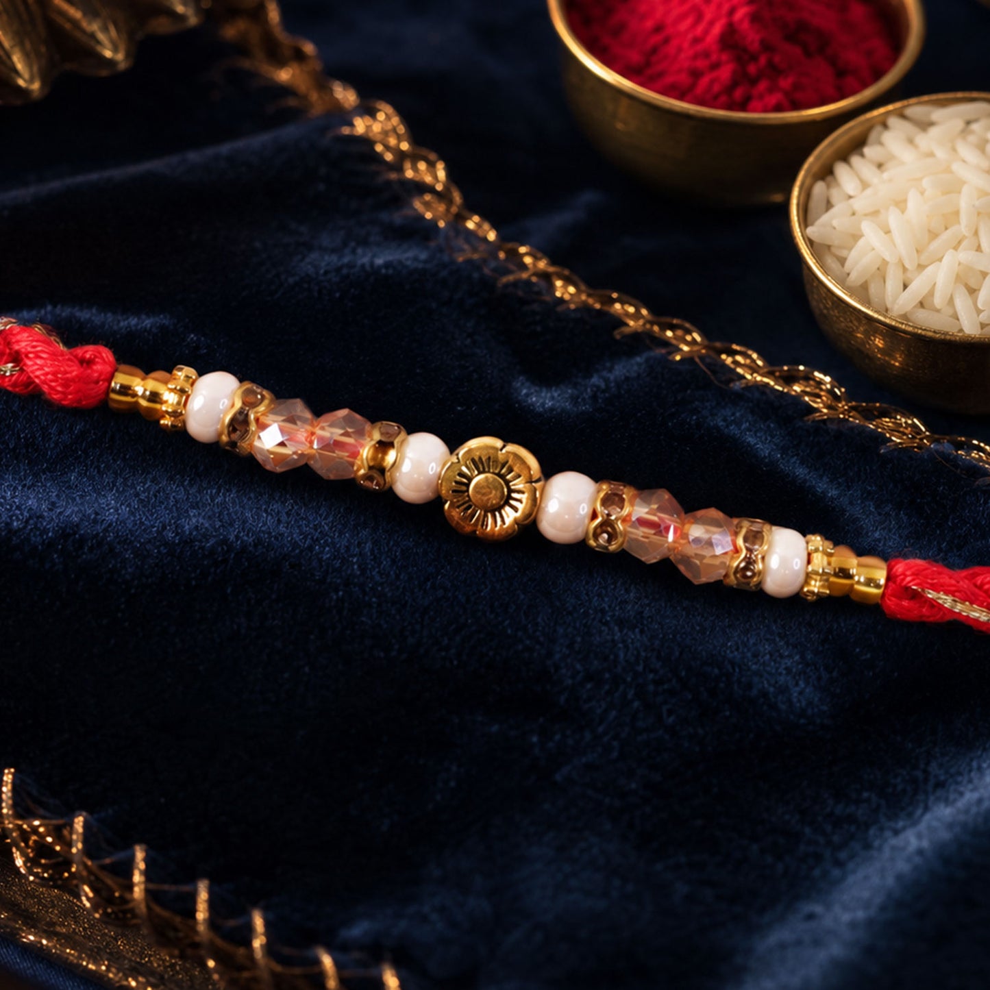 Red Thread Rakhi with Pearls, Crystal Beads and a Gold Flower Charm