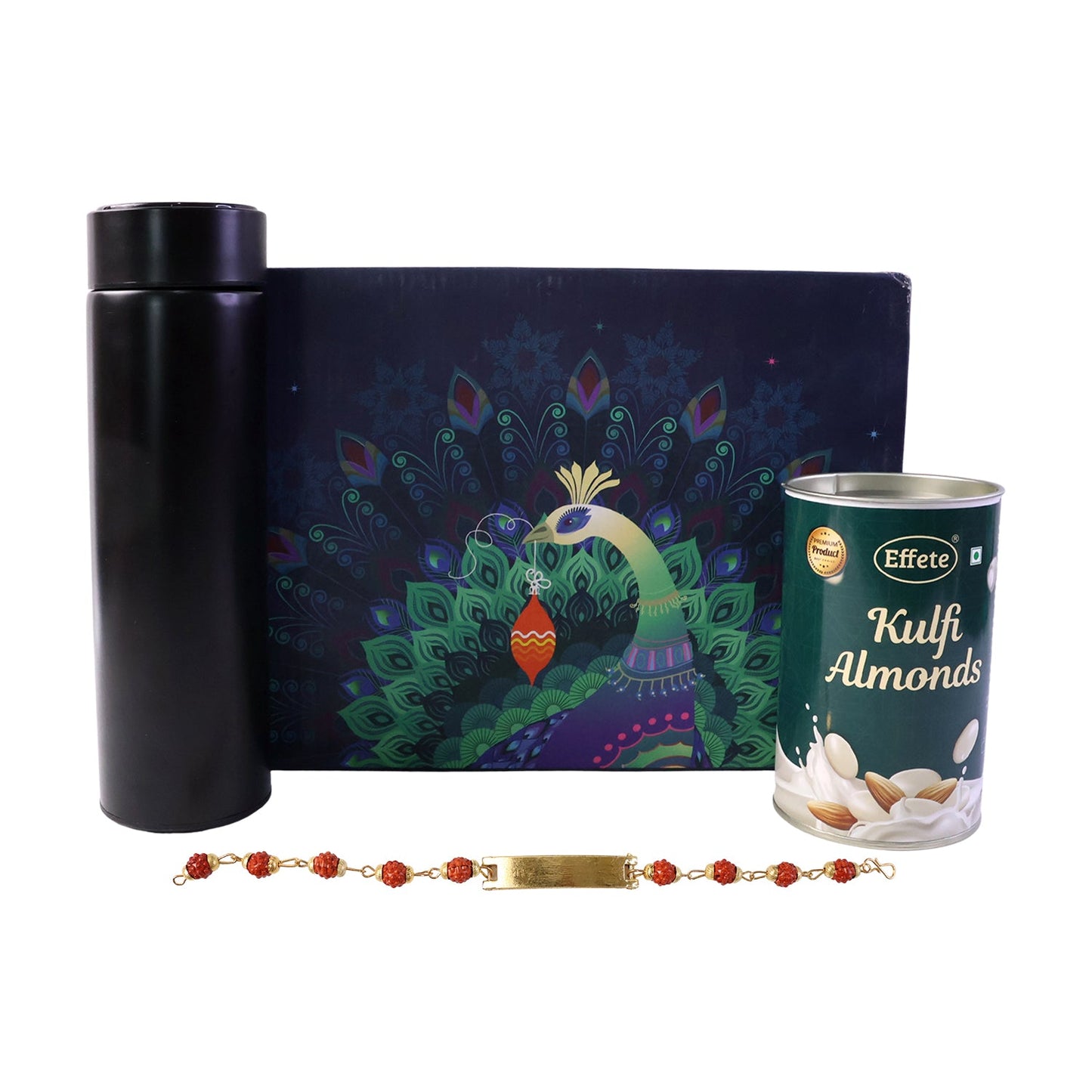 Customize Rudraksha Bracelet Rakhi with Chocolate & Bottle Set (1 Set)