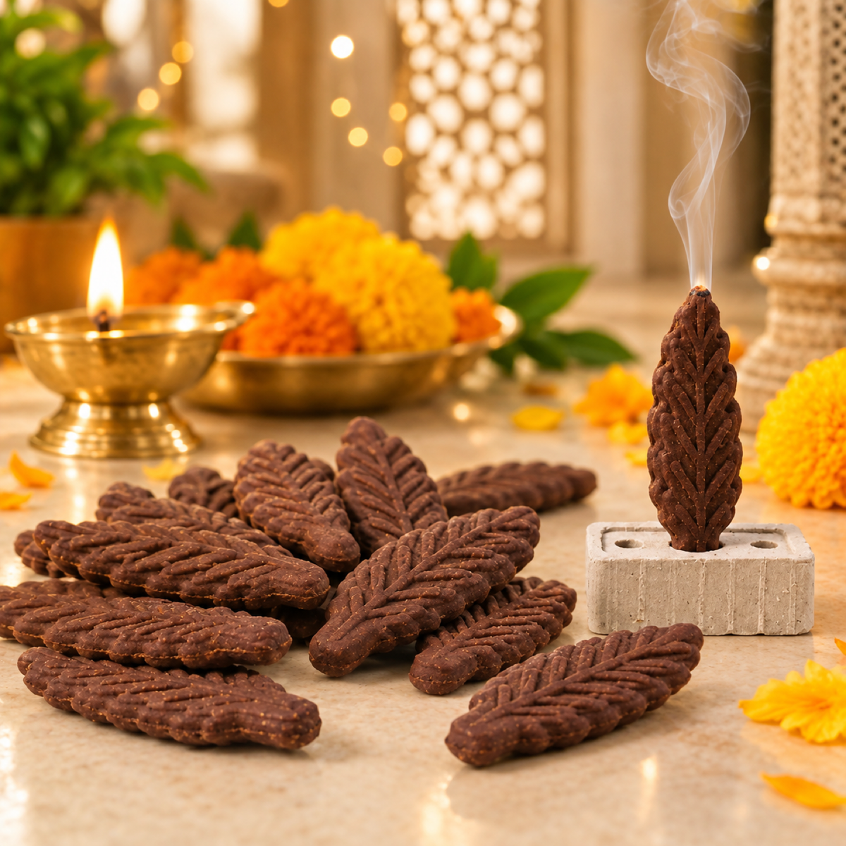A lit incense cone in a gray holder, a pile of unlit cones, and a burning oil lamp with orange and yellow flowers in the