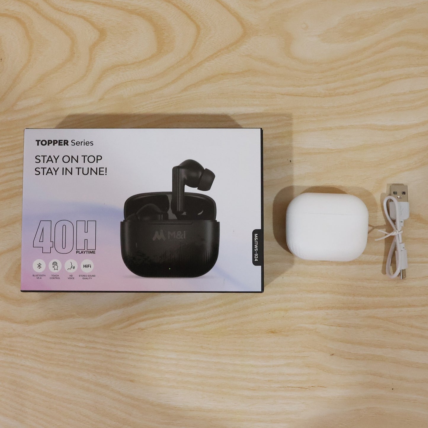 TWS wireless earbuds charging case and USB cable front view