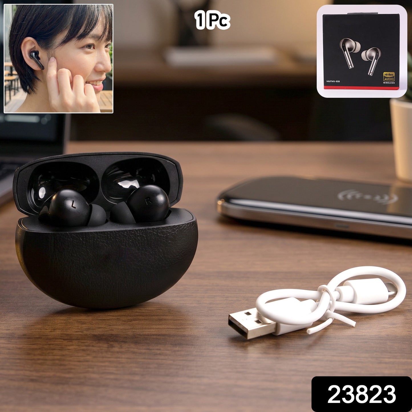Wireless TWS Earbuds 939 black case with USB cable product image