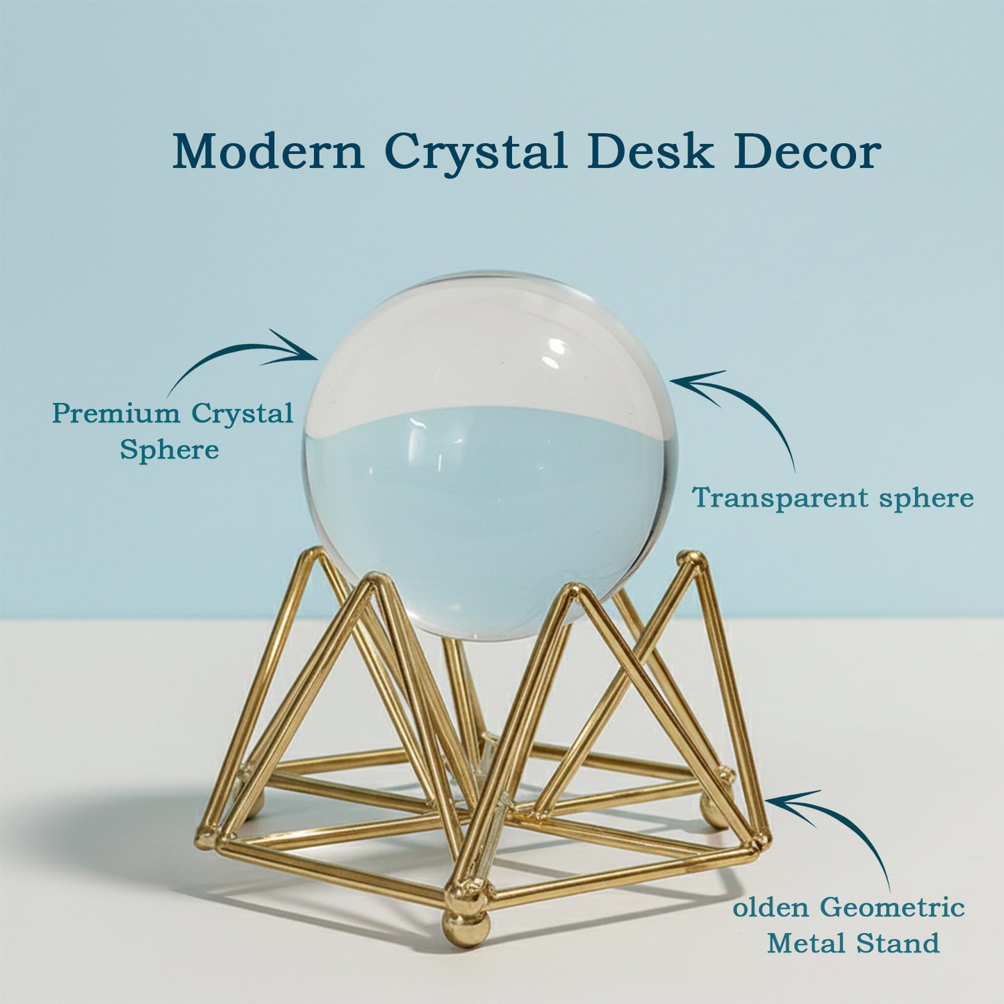 Decorative Crystal Ball with Premium Golden Geometric Stand for Home Office Desk | Clear Glass Sphere Showpiece for Table Decoration, Vastu, Meditation, Feng Shui, Gifting | Modern Luxury Home Décor Ornament