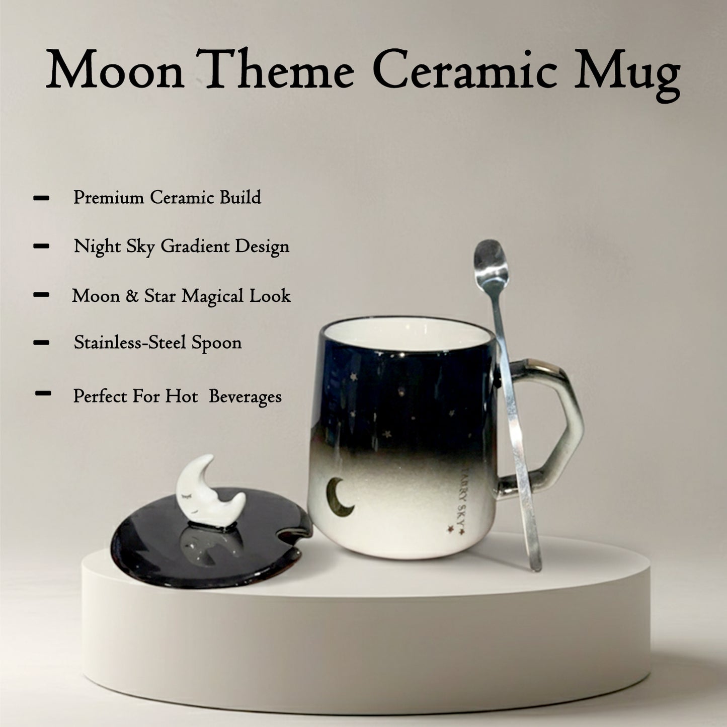 Moon Theme Ceramic Mug with Lid & Spoon for Tea, Coffee & Gifting (Black–White)