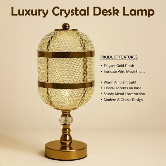 Premium golden mesh table lamp with crystal base, warm ambient lighting