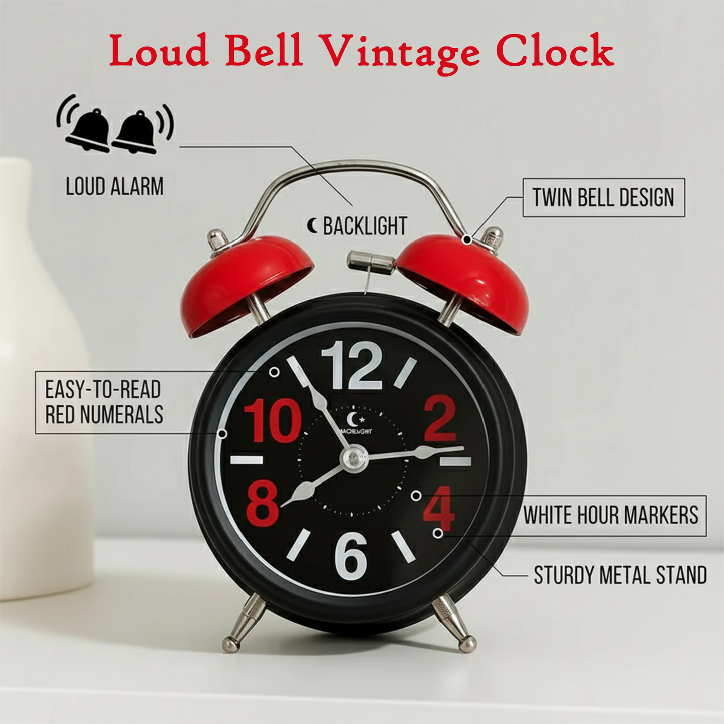 Vintage Twin Bell Alarm Clock with Loud Ring & Night Light, Red & Black