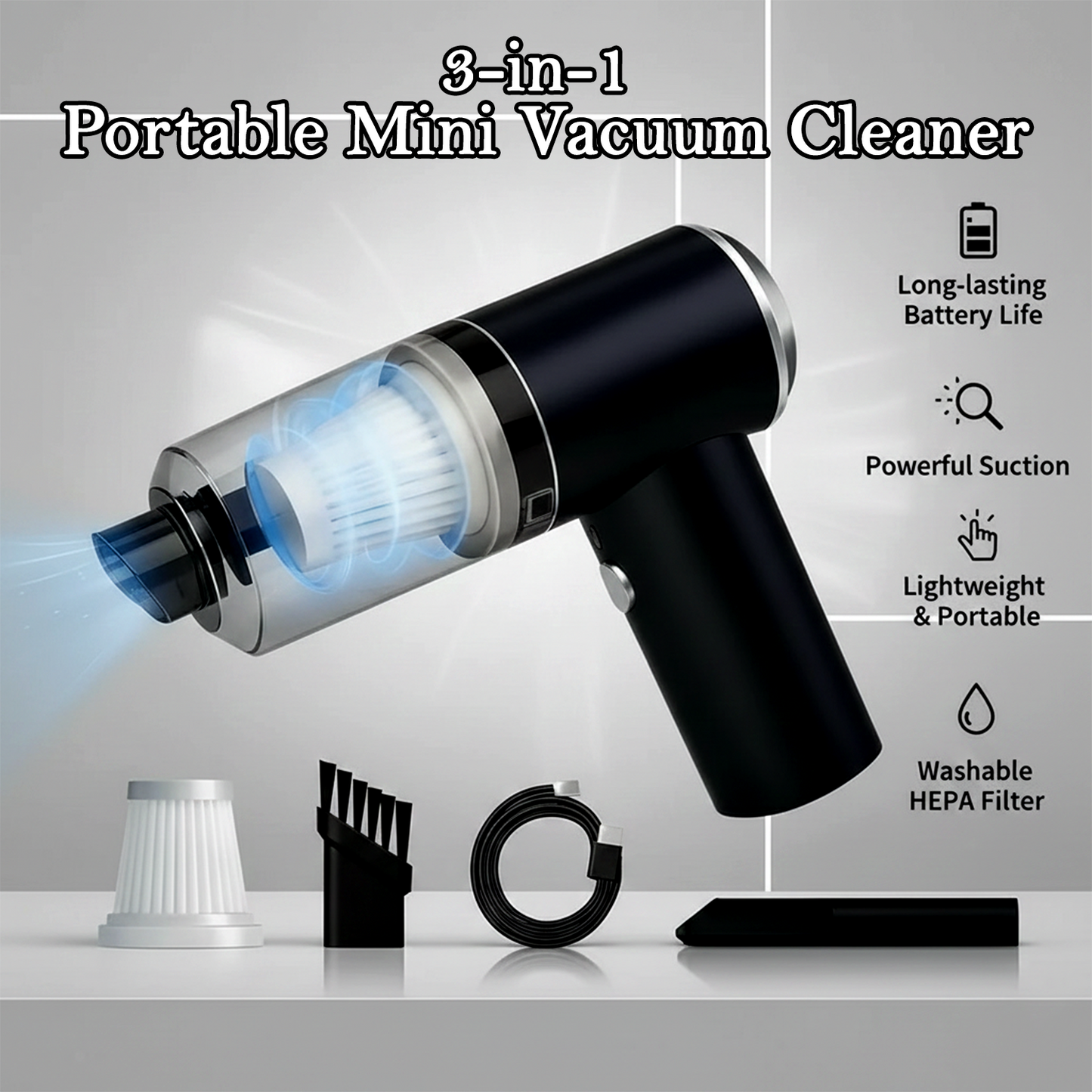 3-in-1 Portable Mini Vacuum Cleaner for Home & Car | High-Power Suction Handheld Dust Cleaner with Multiple Nozzle Attachments | Rechargeable Keyboard, Sofa, Car Interior & Floor Mat Cleaning Machine