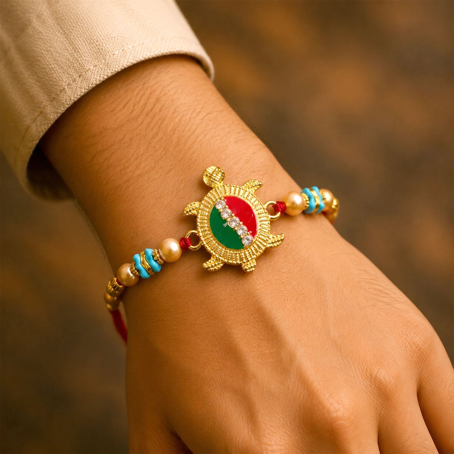 Auspicious Tortoise Meenakari Stone-Studded Beaded Rakhi for Brother