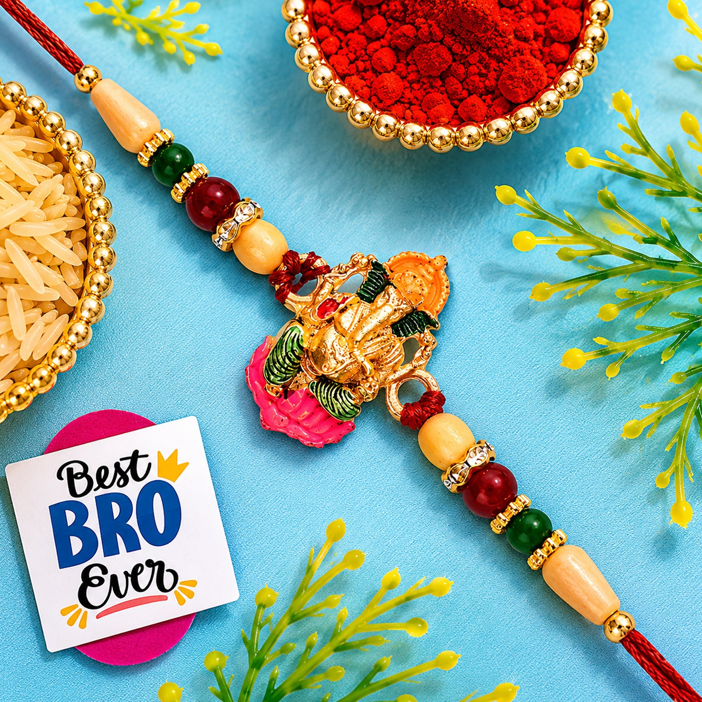 Divine Lord Ganesha Rakhi with wooden beads and colorful accents