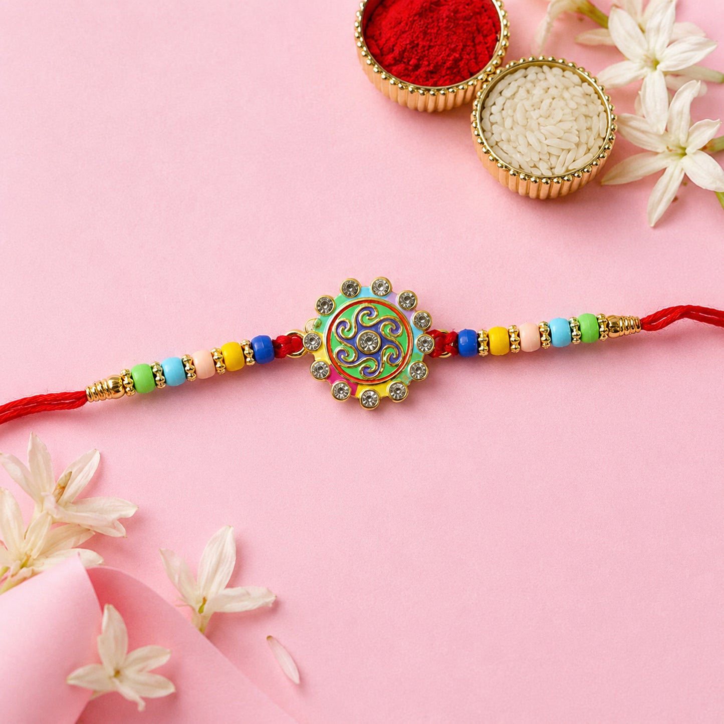 Premium Designer Rakhi with multicolor beads and stone centerpiece