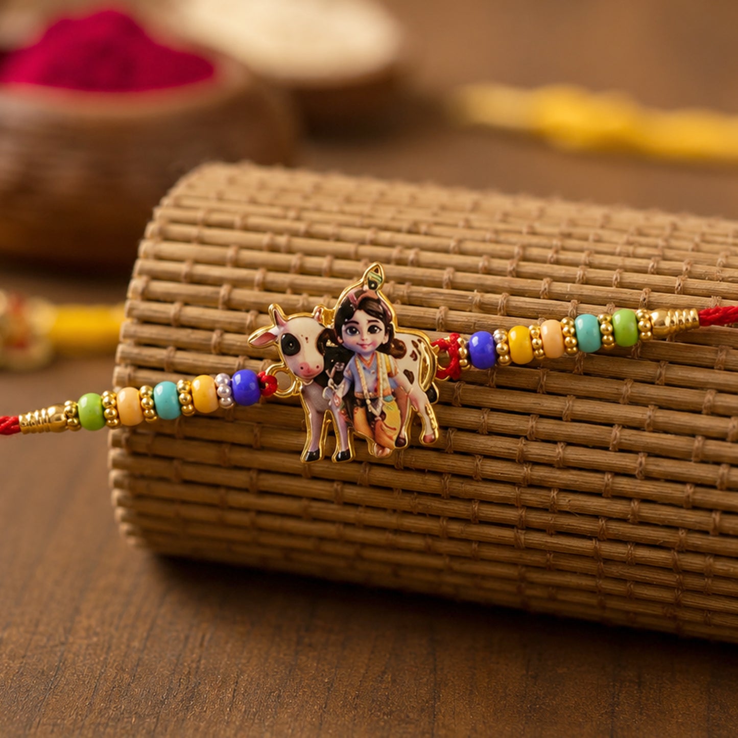Lord Krishna with Cow Designer Rakhi close-up