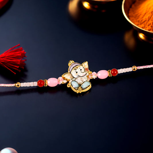Ganesha designer Rakhi with pink and red beads