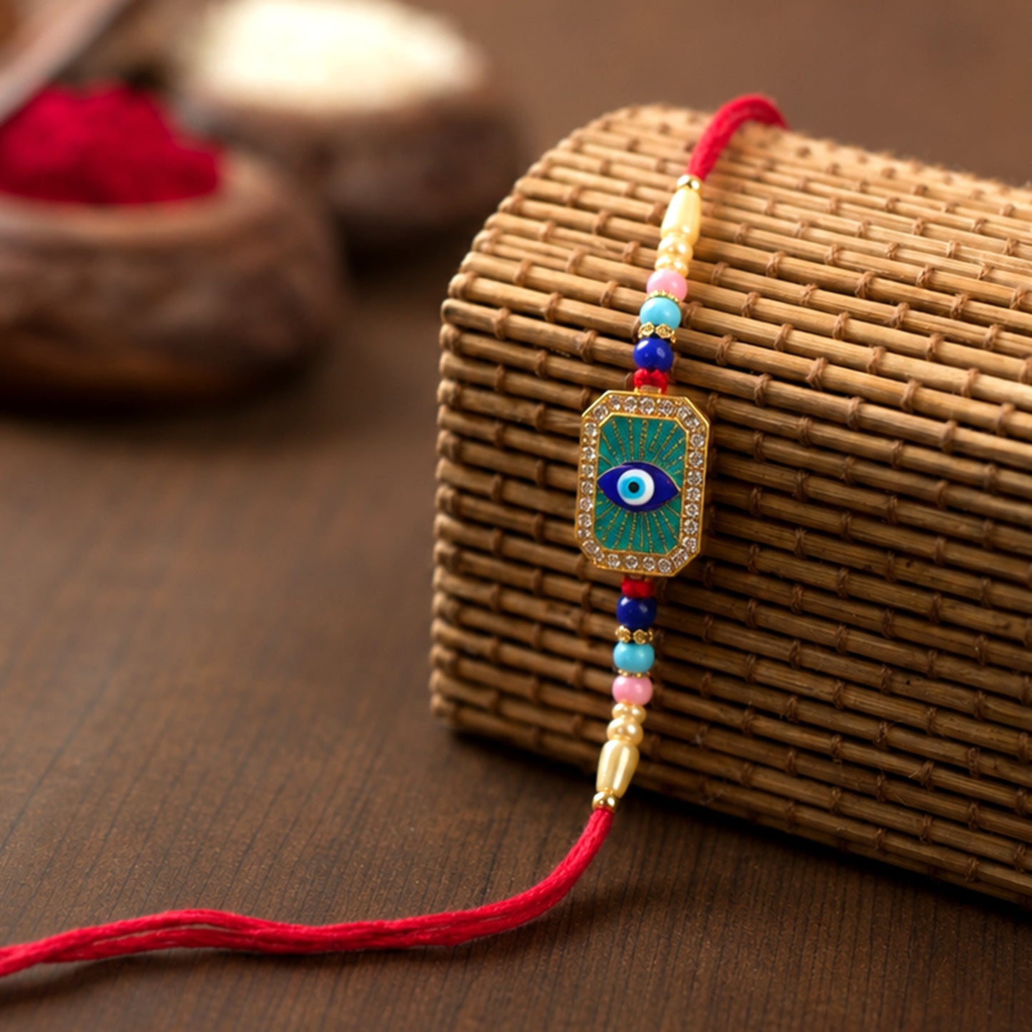 Colorful Evil Eye Designer Rakhi with decorative beads