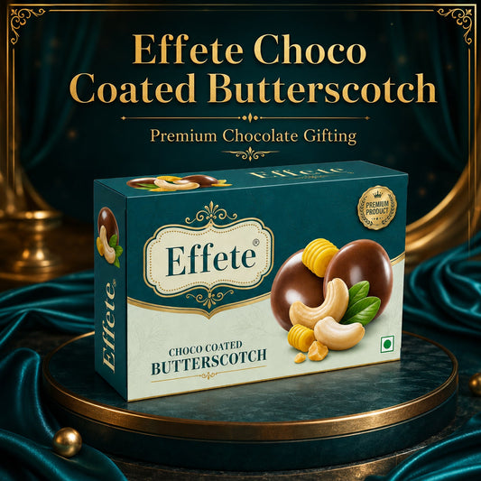 Opened box of Effete Butterscotch Chocolate revealing individual pieces
