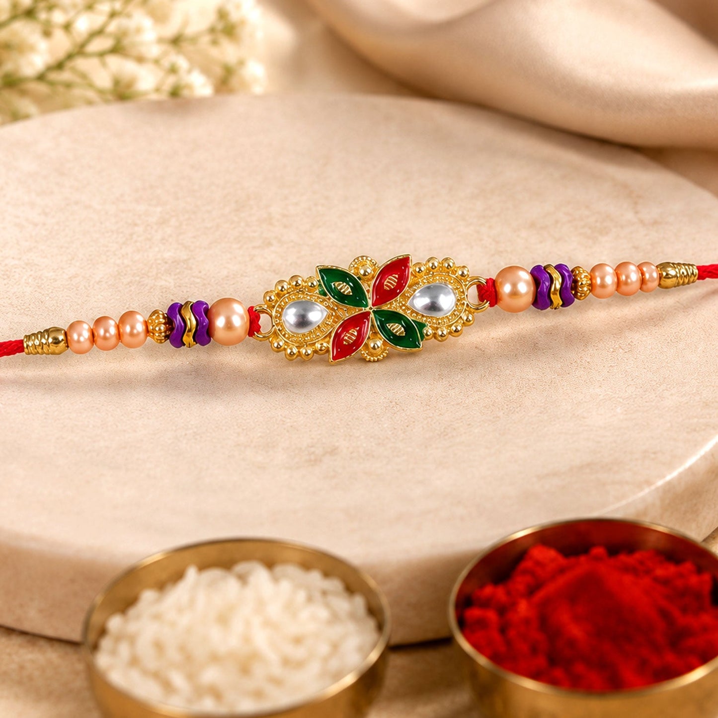 Floral Meenakari Pearl Stone-Studded Beaded Rakhi for Brother