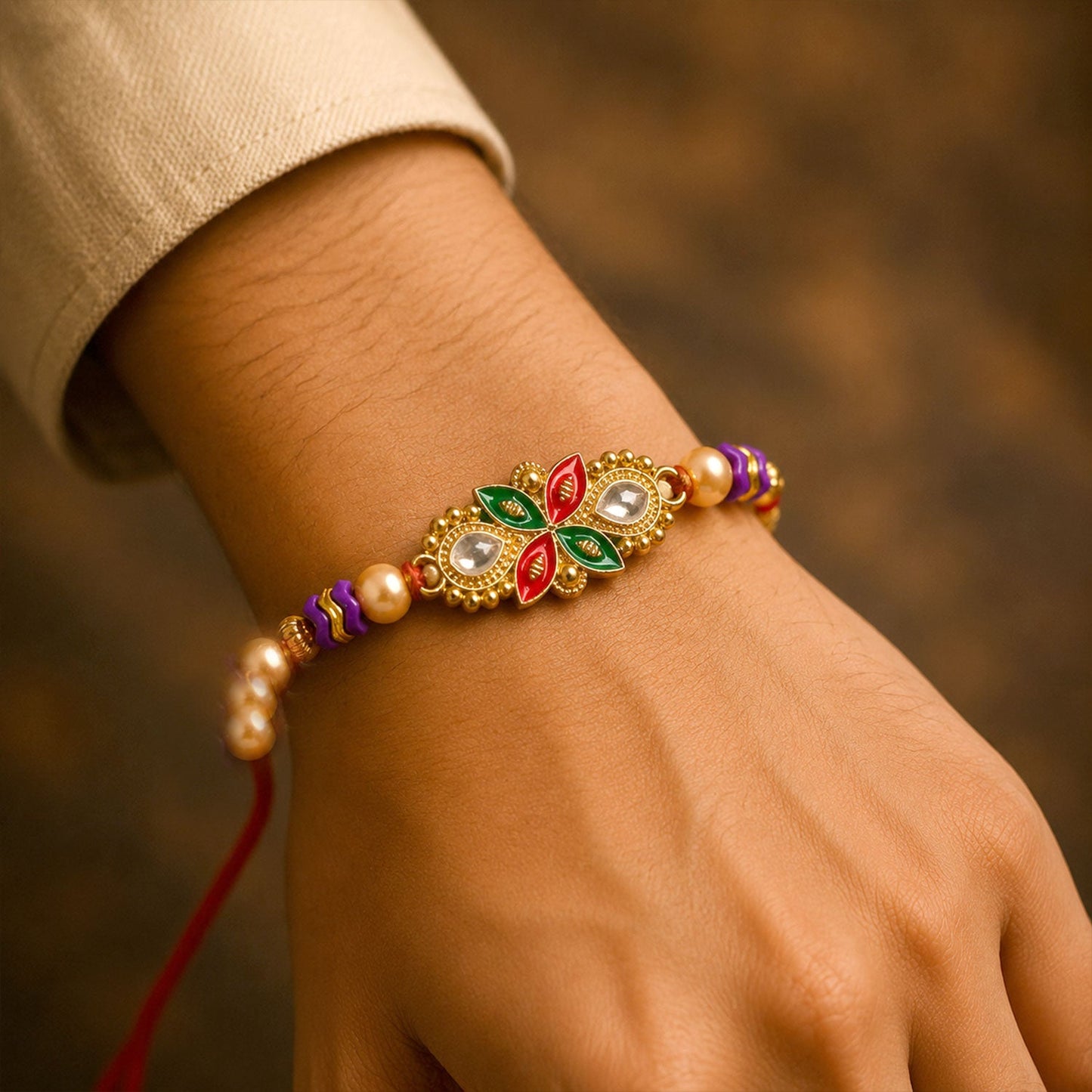 Floral Meenakari Pearl Stone-Studded Beaded Rakhi for Brother