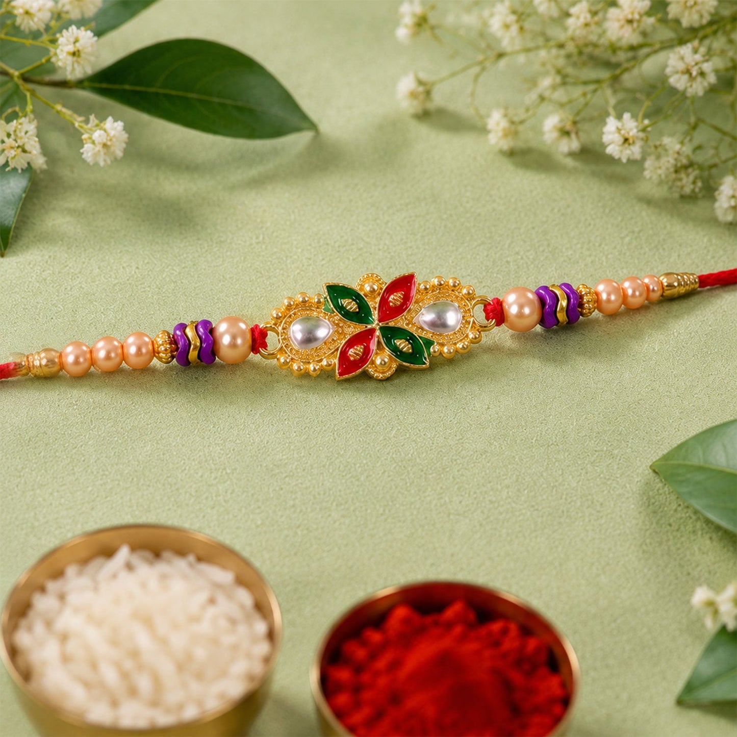Floral Meenakari Pearl Stone-Studded Beaded Rakhi for Brother