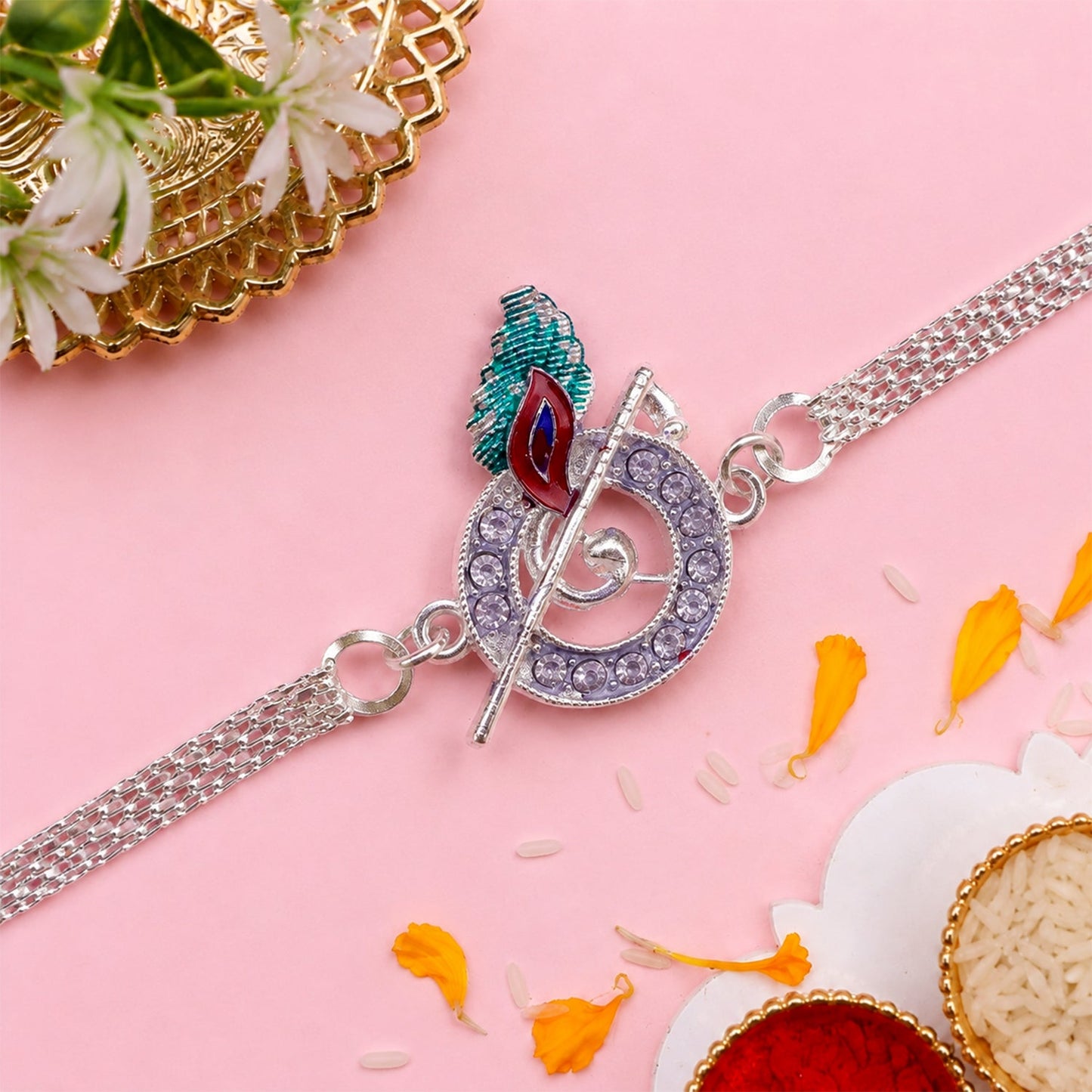 Krishna Morpankh Bansuri Stone-Studded Chain Rakhi for Brother