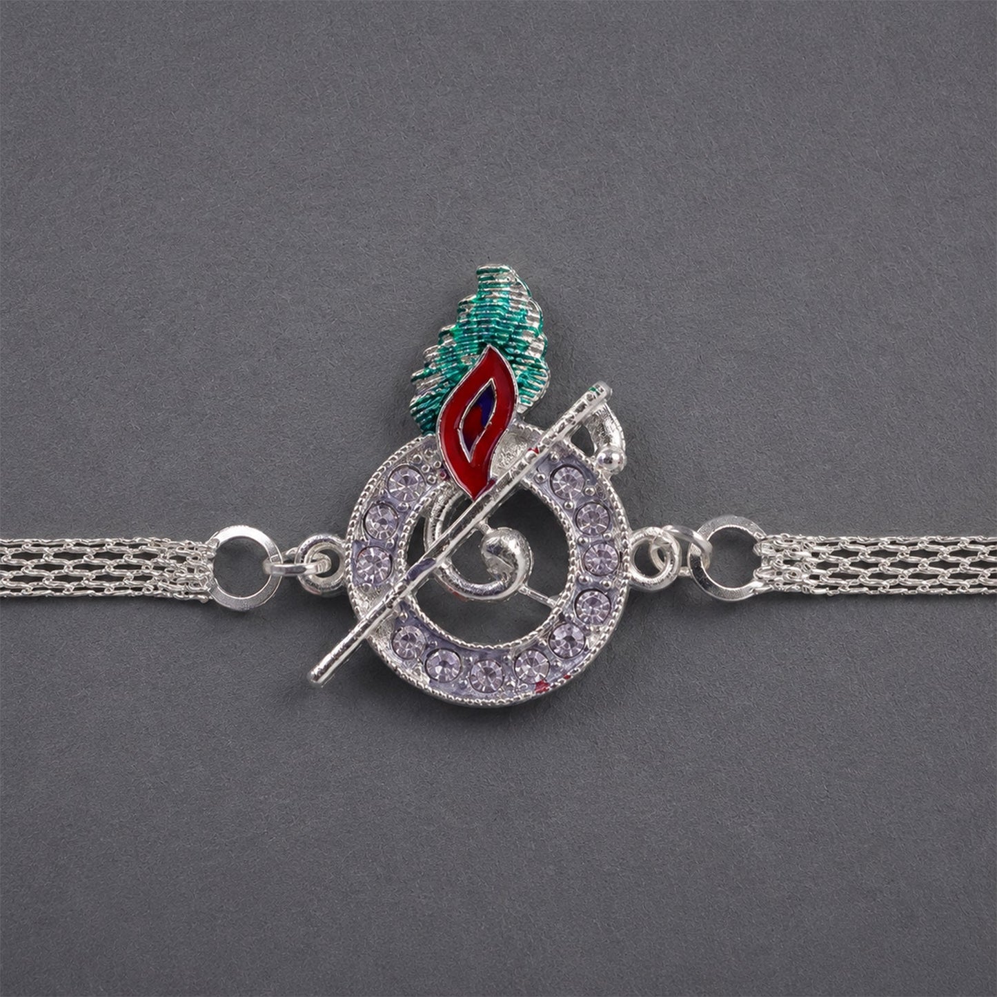 Krishna Morpankh Bansuri Stone-Studded Chain Rakhi for Brother
