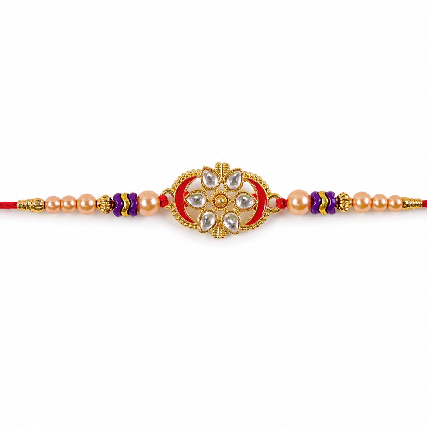 Oval Kundan Floral Stone-Studded Beaded Designer Rakhi for Brother