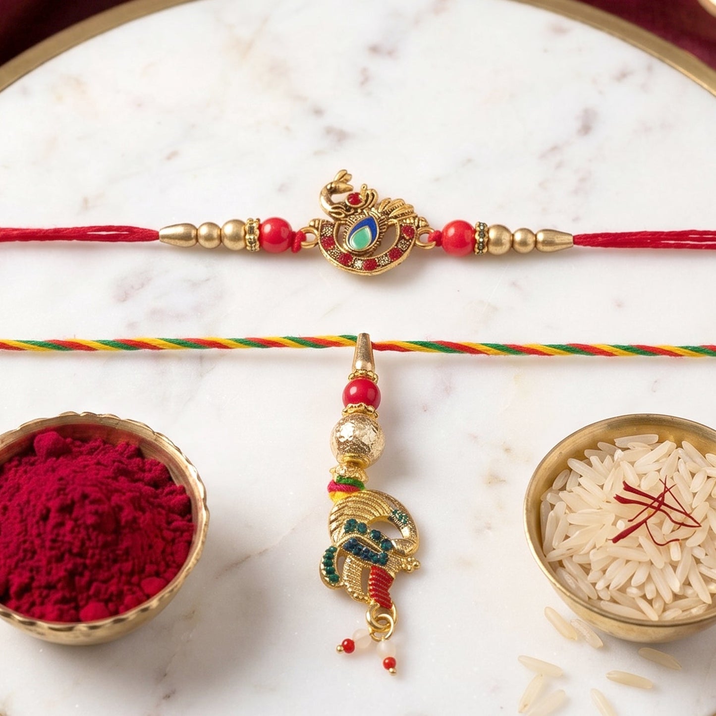 Side view of Peacock Latkan Bhabhi Rakhi with pearl beads