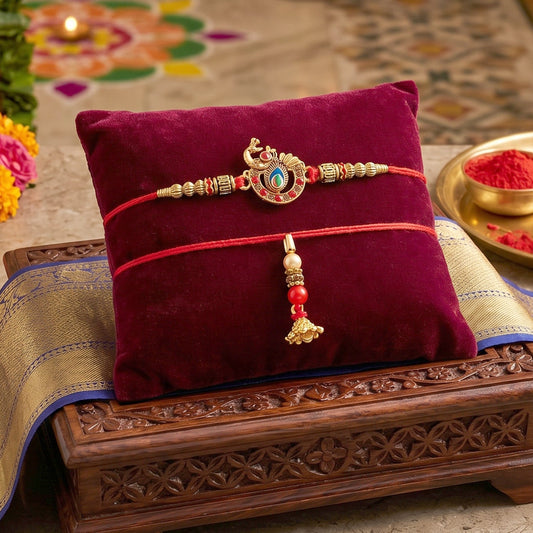 Kundan Peacock Bhabhi Rakhi with Pearl Latkan close-up