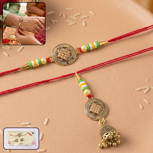 Antique Coin Bhabhi Rakhi with beads and latkan close-up