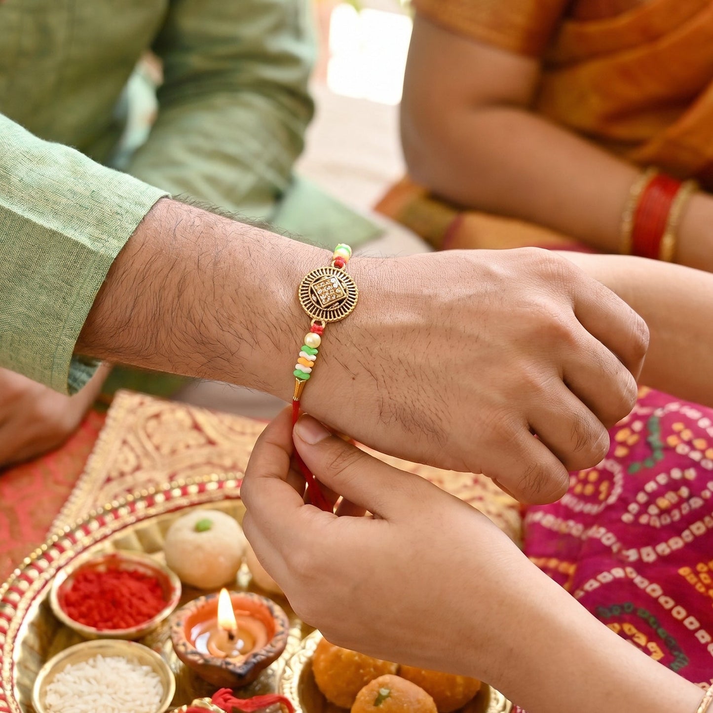 Side angle of Antique Coin Bhabhi Rakhi with coin centerpiece