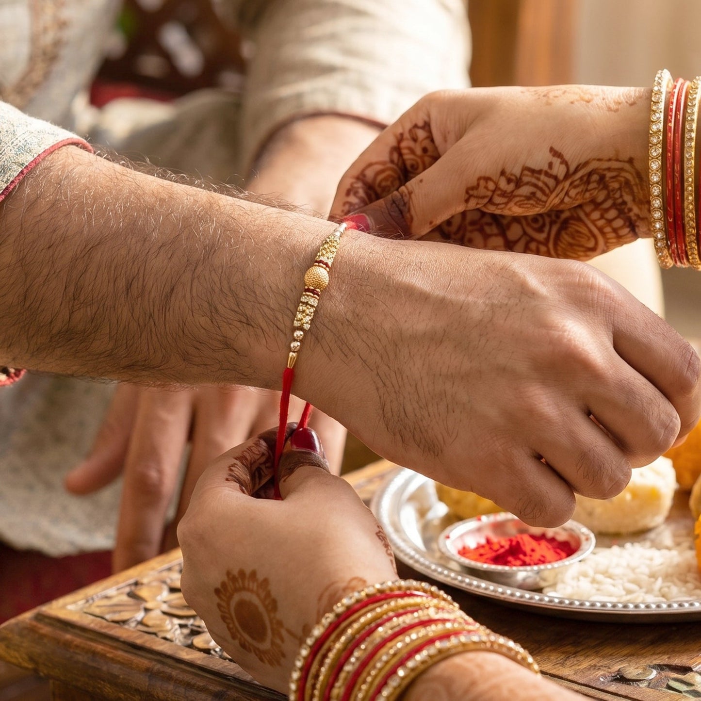Golden bhabhi rakhi showing pearl drop latkan detail
