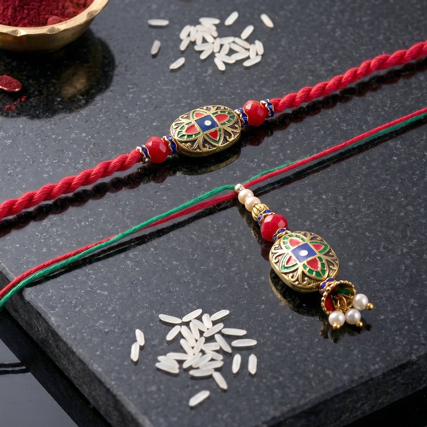 Detailed view of colorful thread and pearl latkan on Bhabhi Rakhi