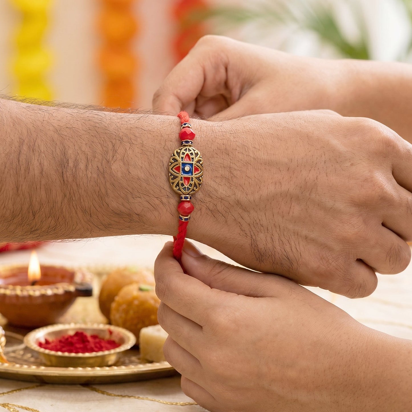 Top view of colorful Meenakari Bhabhi Rakhi