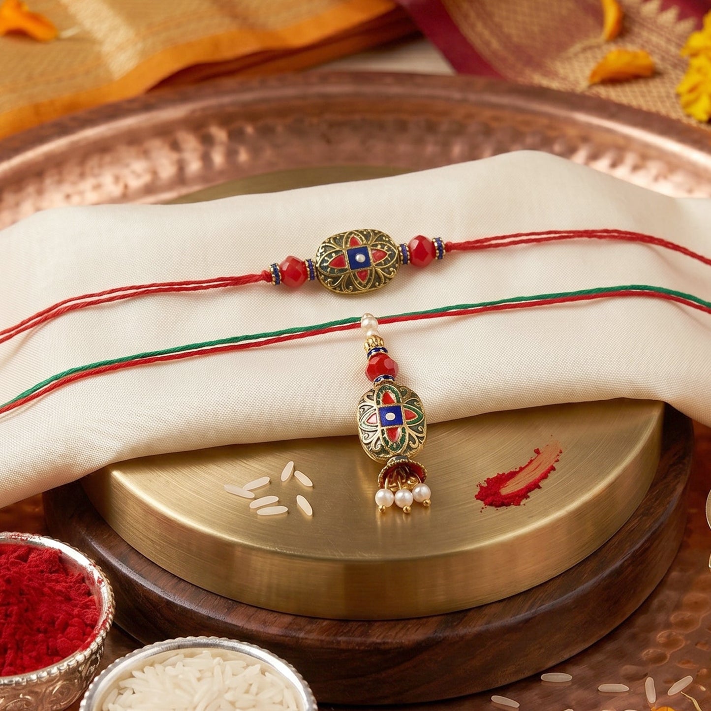 Meenakari Bhabhi Rakhi with pearl latkan on white background