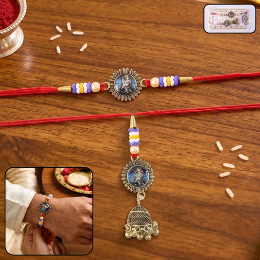 Oxidised round bhabhi rakhi with beads and latkan close-up