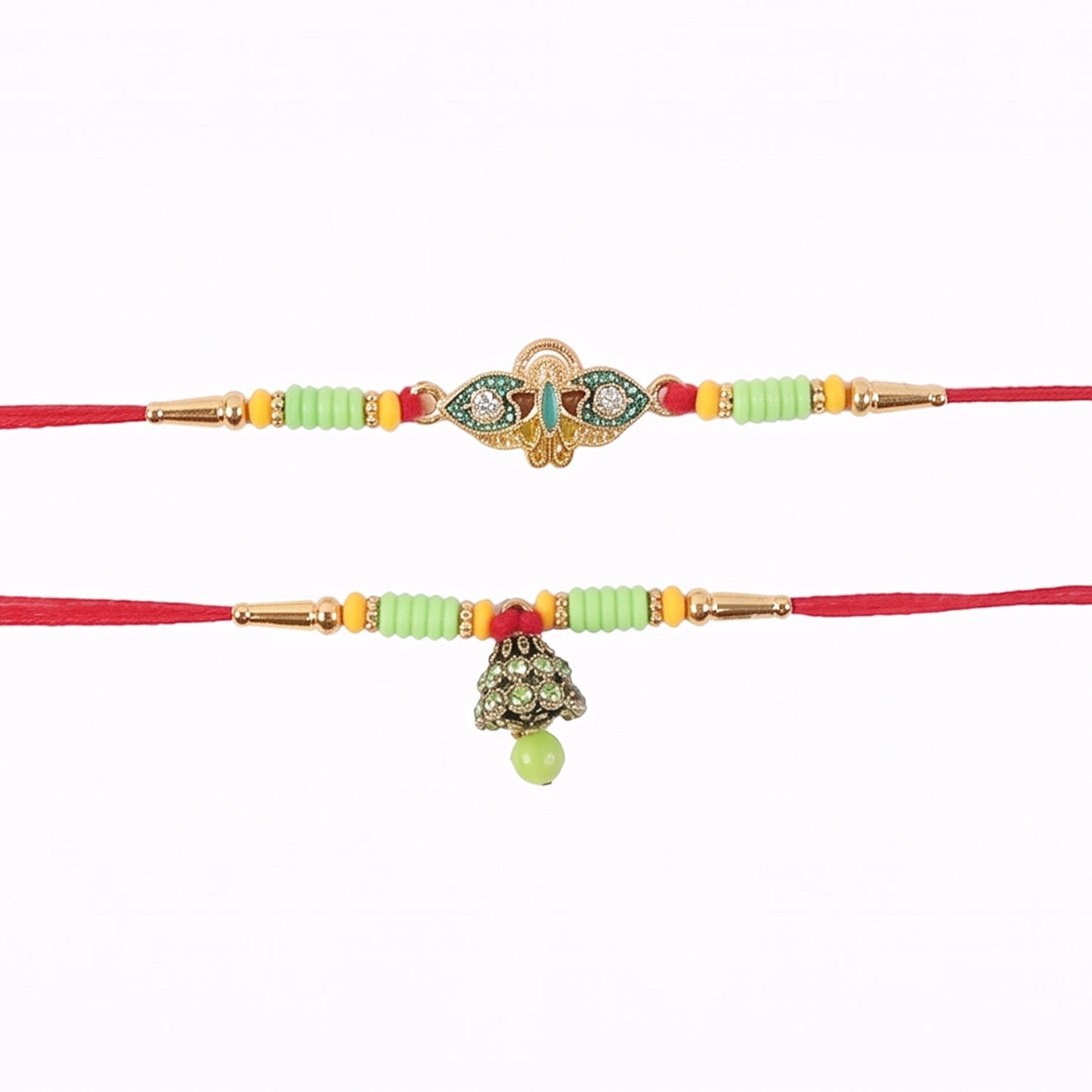 Close-up of Om Peacock Bhabhi Rakhi beads and thread