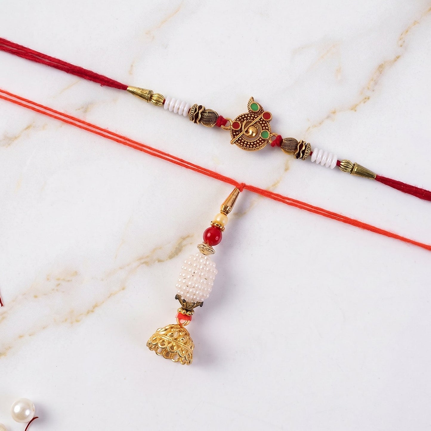 Pearl Peacock Bhabhi Rakhi displayed with shadows