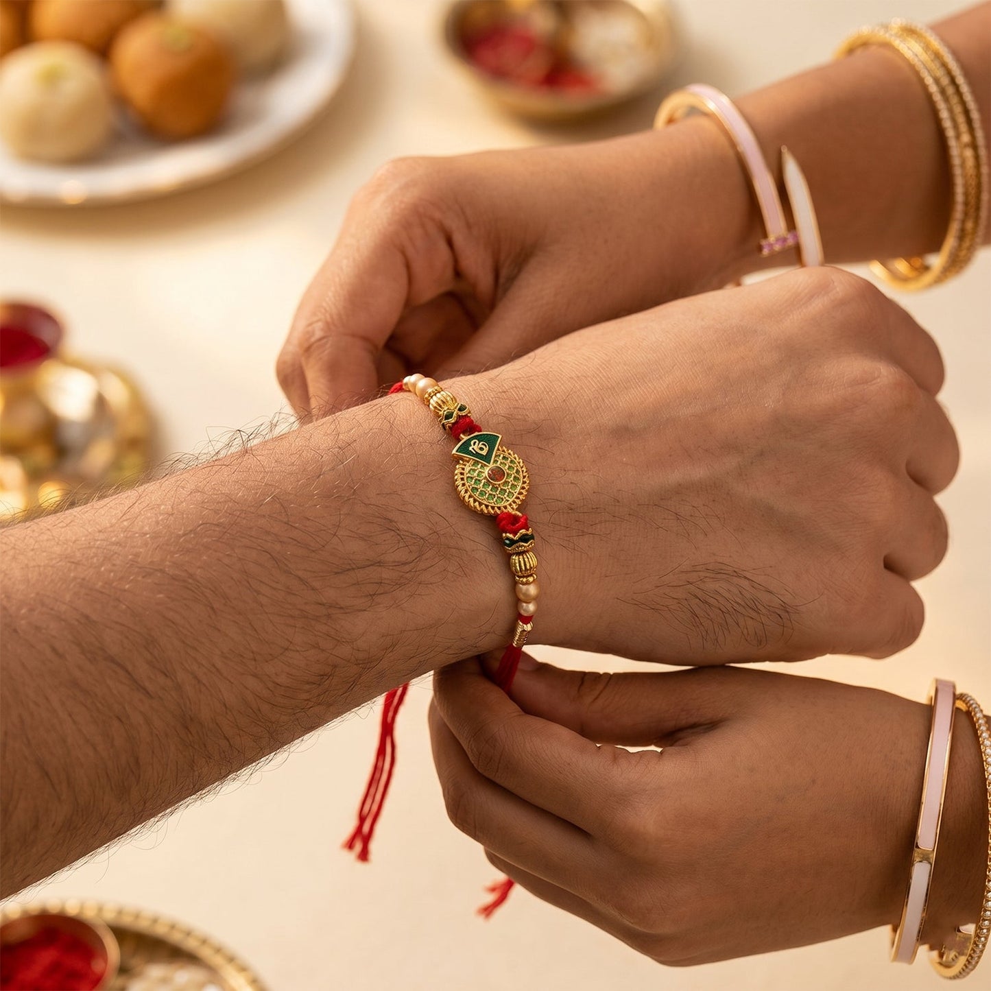 Elegant Pearl Latkan on floral stone Rakhi