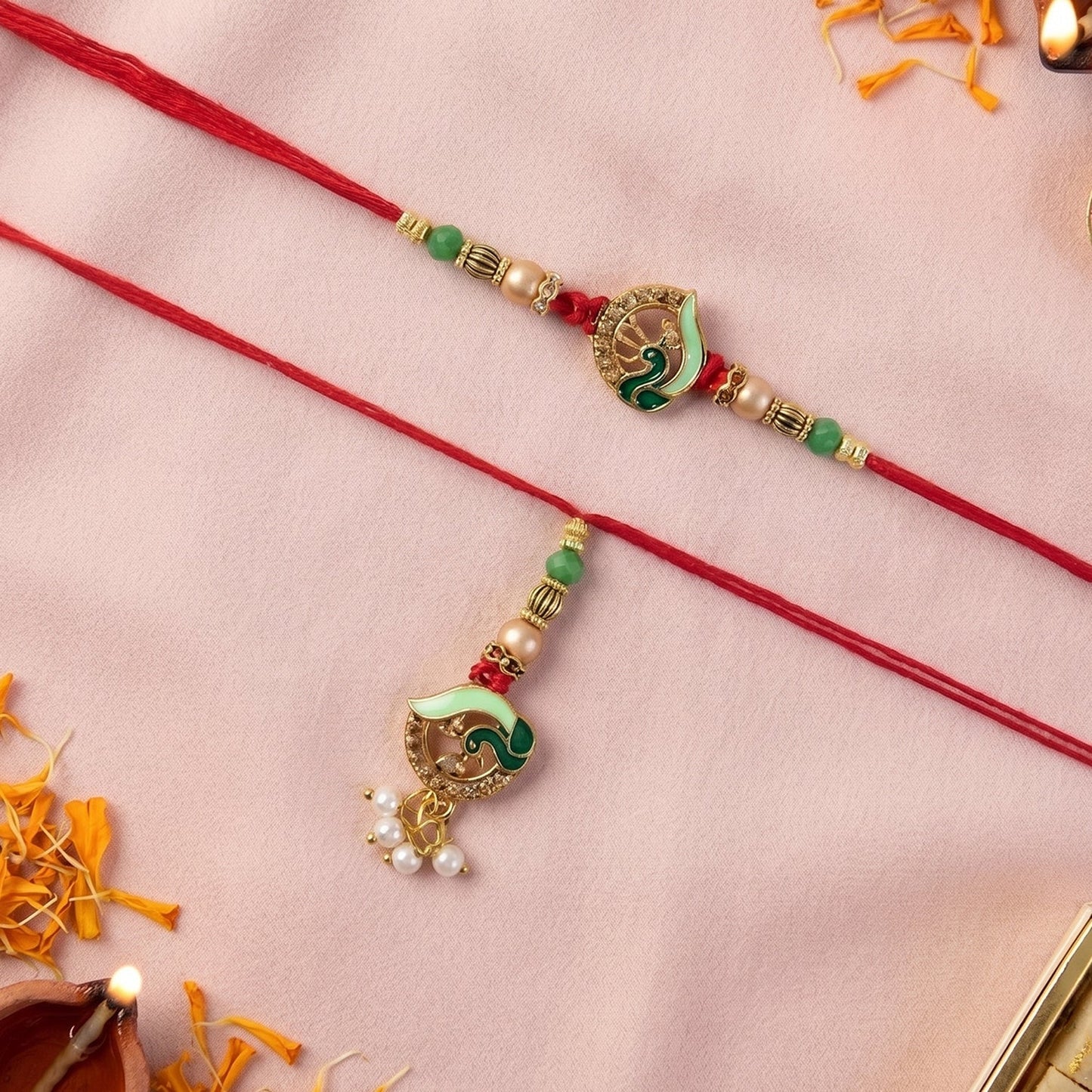 Peacock Stone Bhabhi Rakhi with Pearl Drop front view