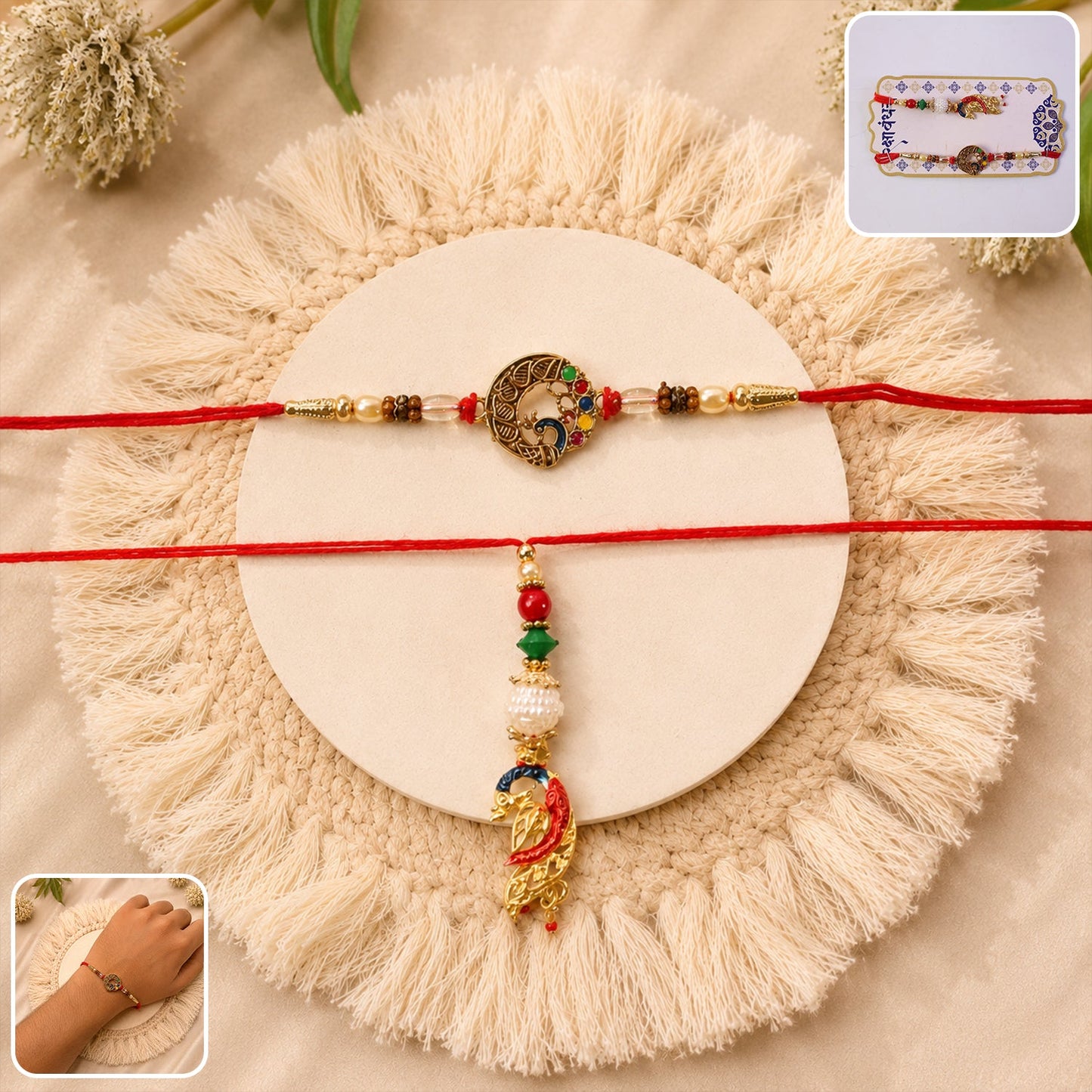 Close-up of Peacock Pendant Bhabhi Rakhi with red and green beads