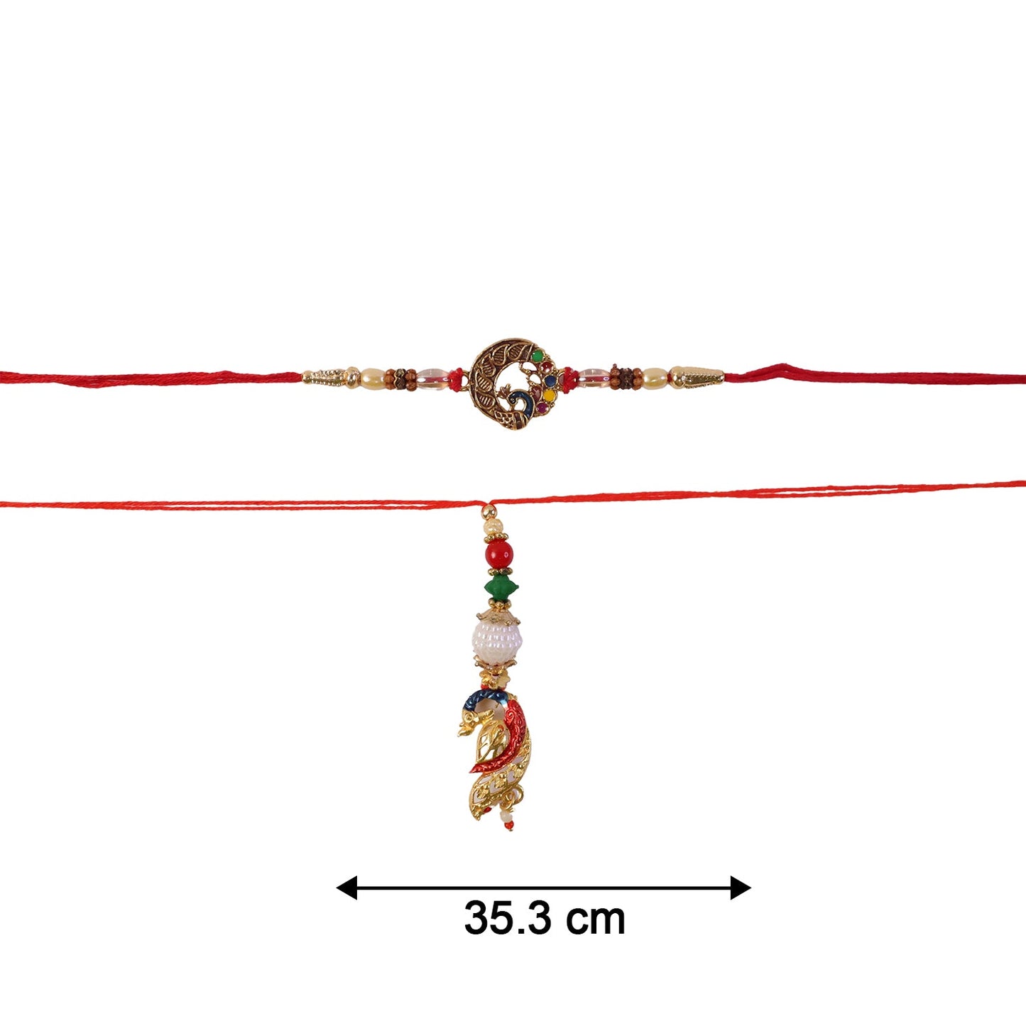 Side view of Peacock Pendant Bhabhi Rakhi showing bead details