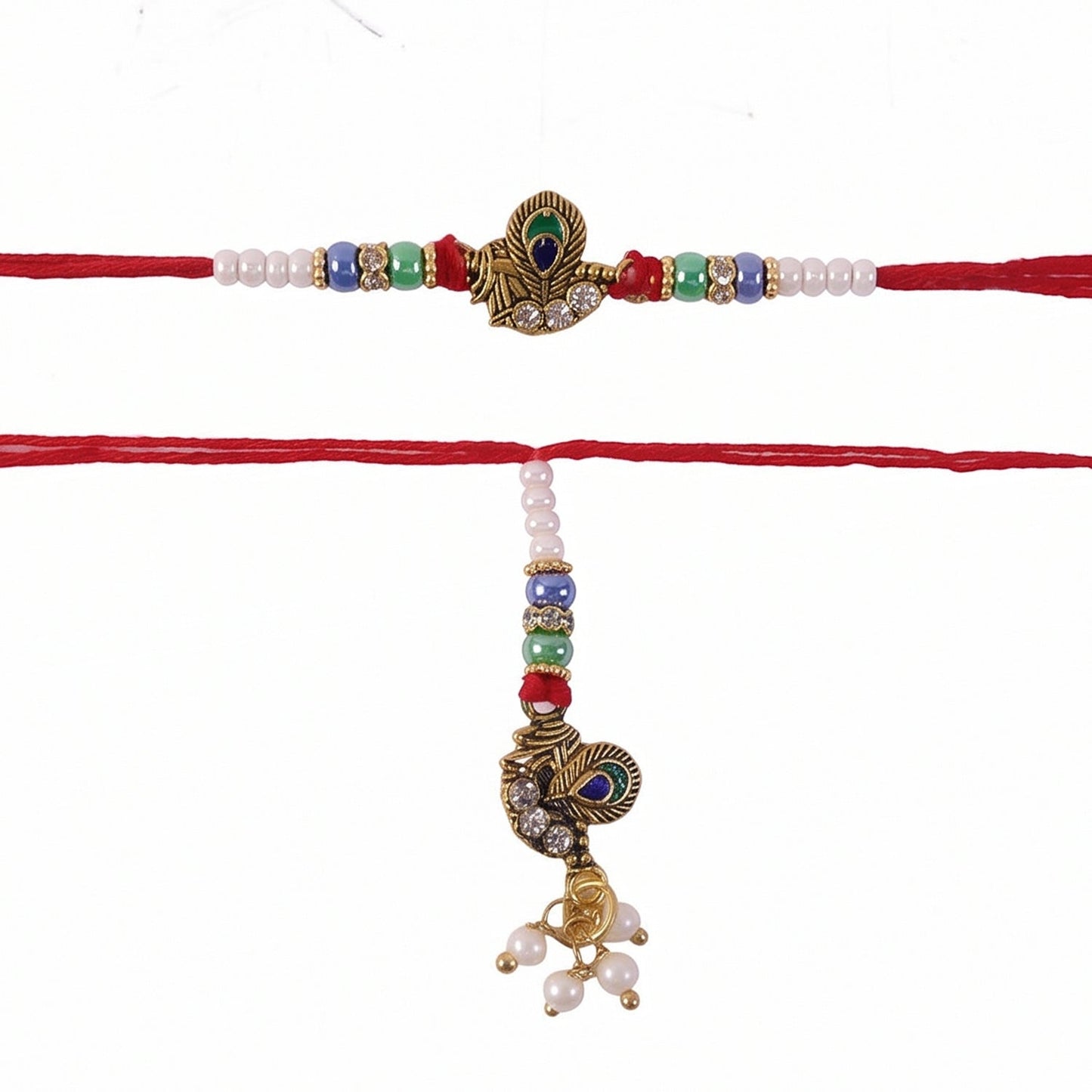 Pearl and peacock design on Bhabhi Rakhi close-up