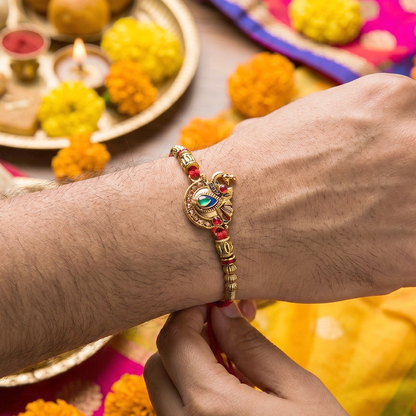 Detailed peacock and pearl design of Bhabhi Rakhi
