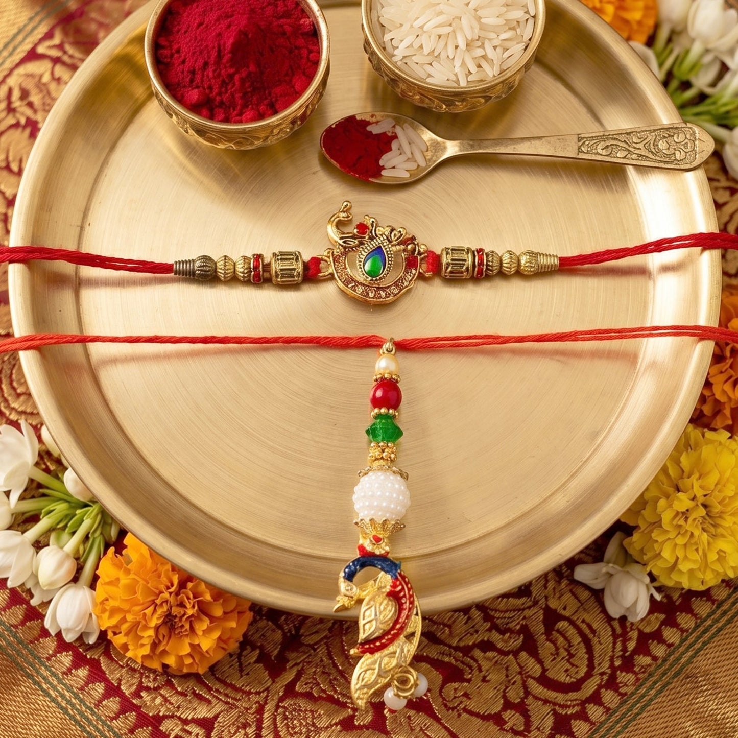 Peacock Kundan Bhabhi Rakhi with Pearl Latkan close-up view