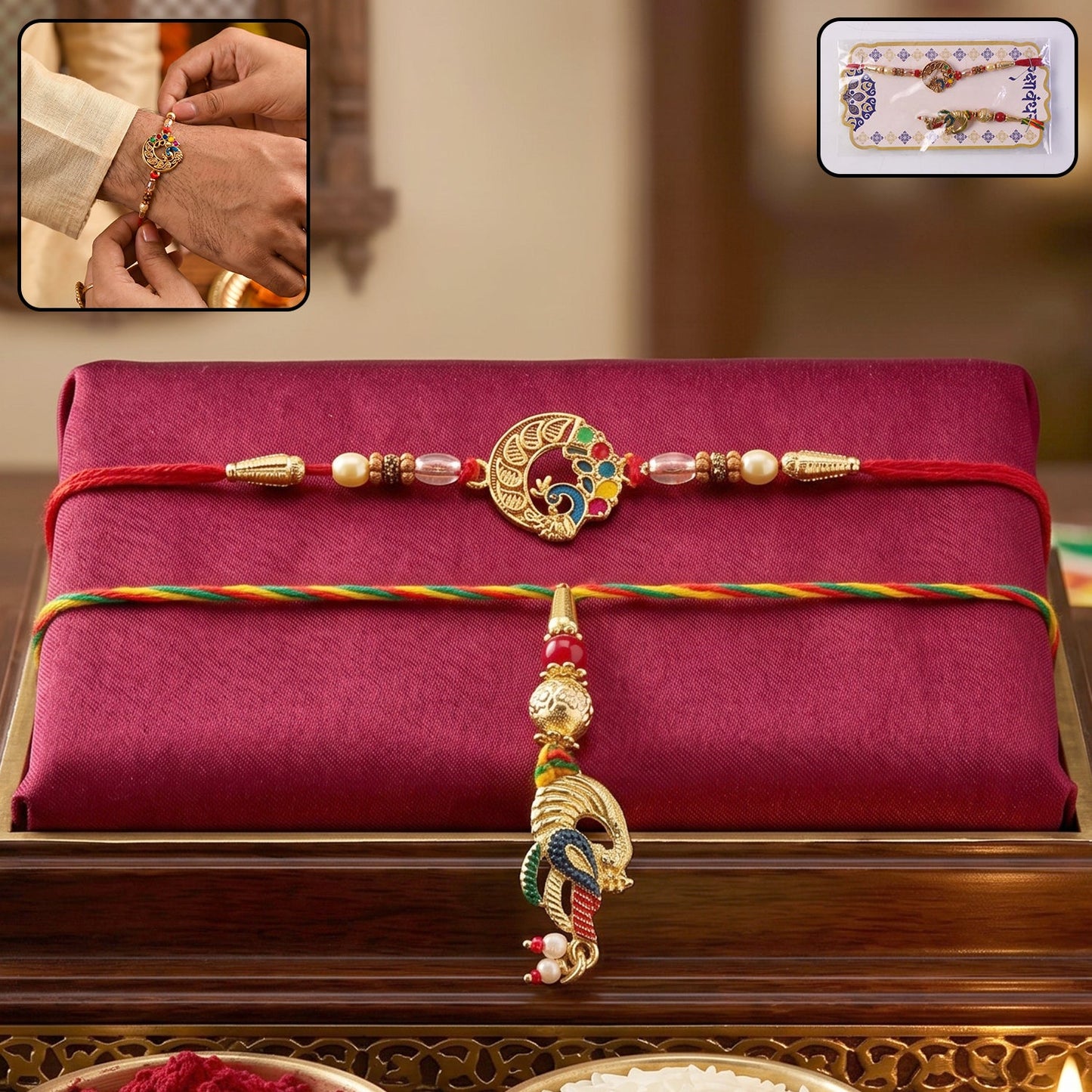 Peacock Charm Bhabhi Rakhi with maroon gift box front view