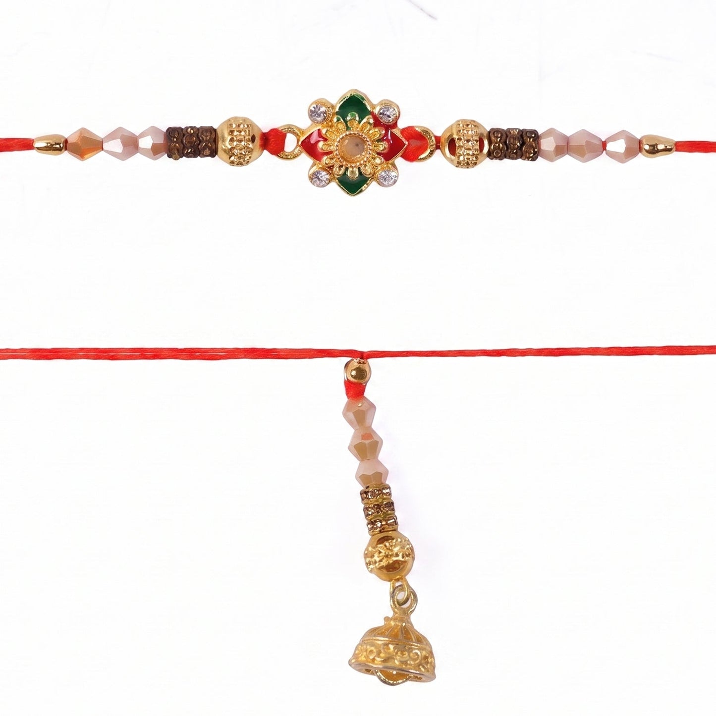 Floral Pearl Bhabhi Rakhi side angle showing thread and latkan