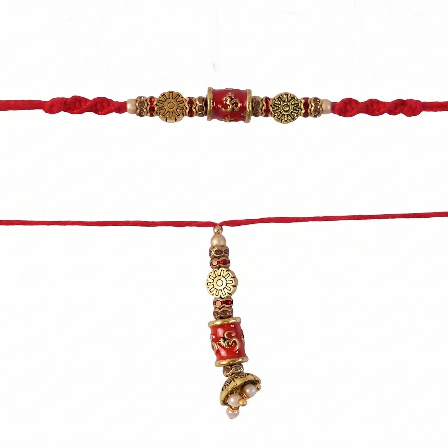 Red Gold Bead Bhabhi Rakhi laid flat for display