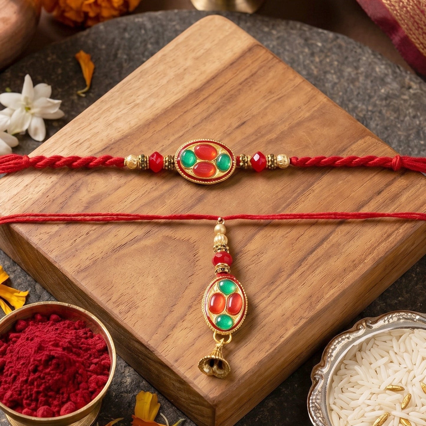Close-up of Oval Stone Bhabhi Rakhi Gold Tone Latkan