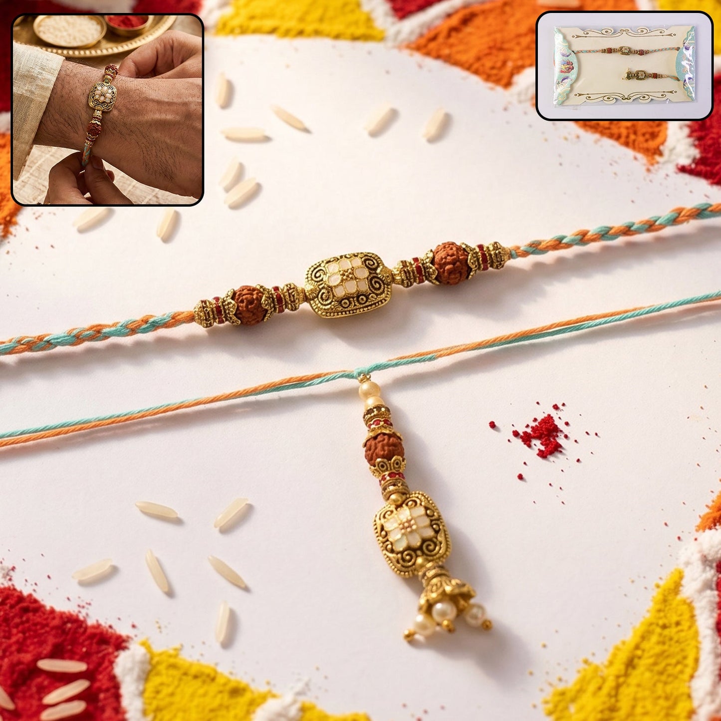 Golden Bead Bhabhi Rakhi with Traditional Latkan front view