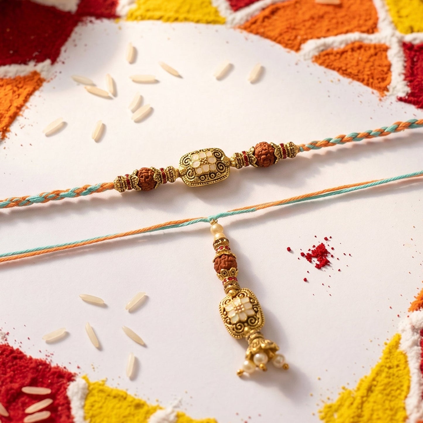Golden Bead Bhabhi Rakhi with Traditional Latkan side angle