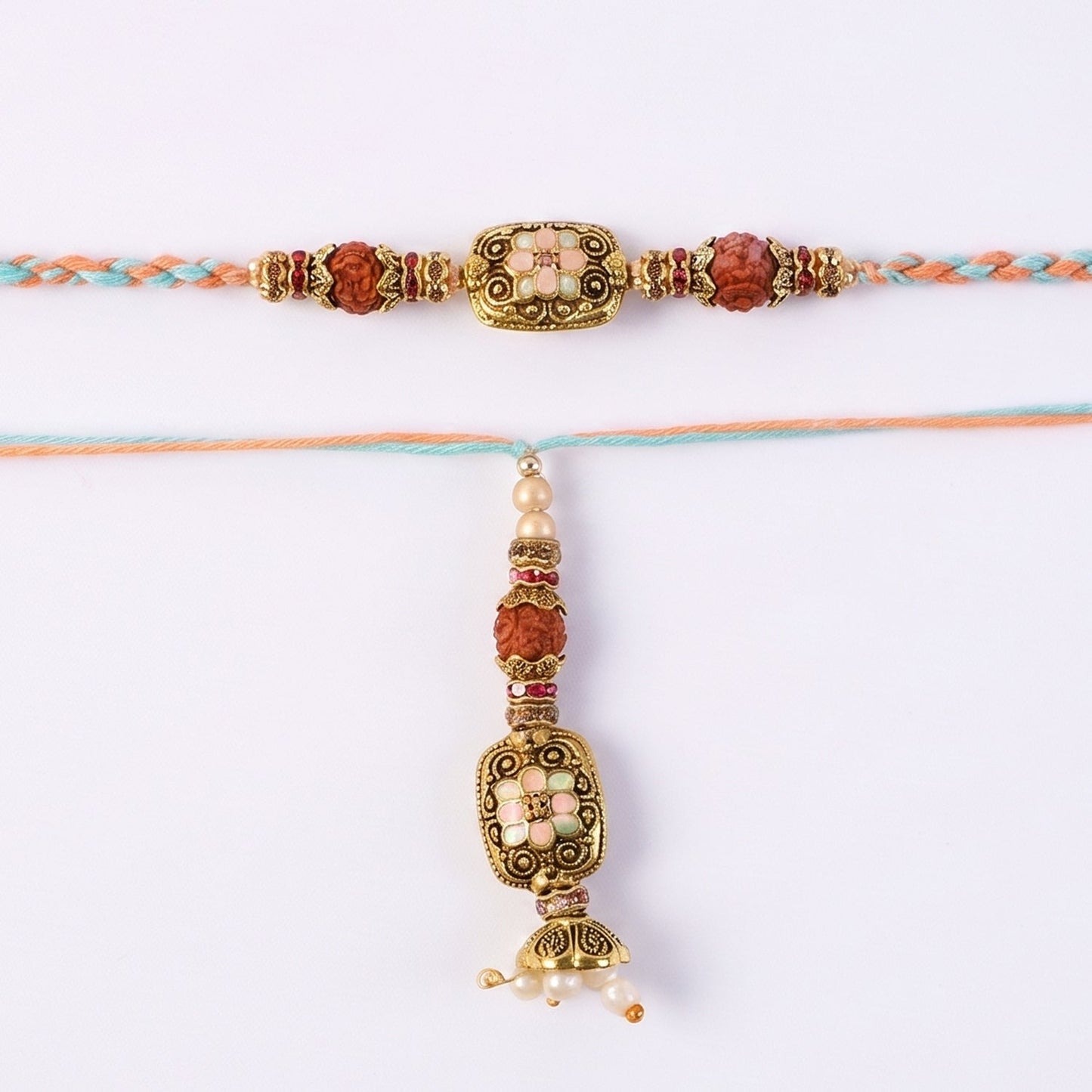 Golden Bead Bhabhi Rakhi displayed on a surface